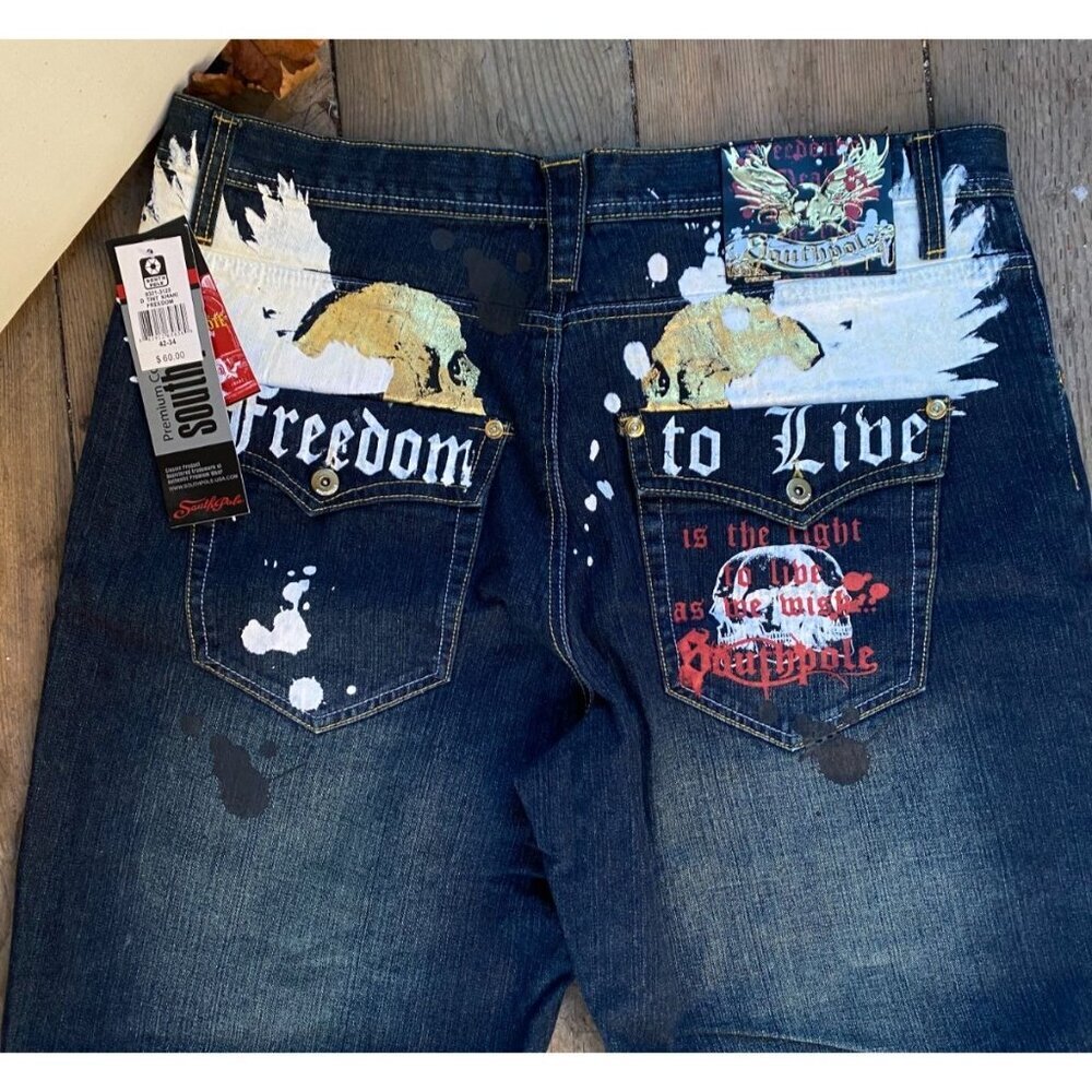 BNWT Y2K SouthPole Embroidered Freedom to Live Tint Khaki Jeans Size 42